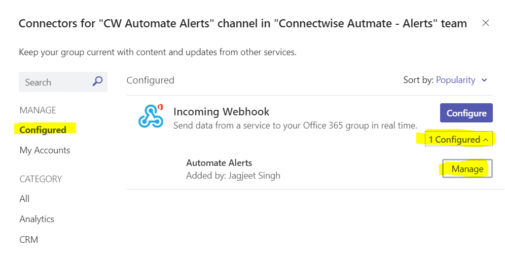 incoming webhook configured and manage