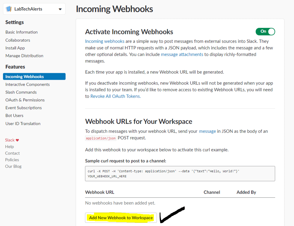 Click on Add New Webhook to Workspace